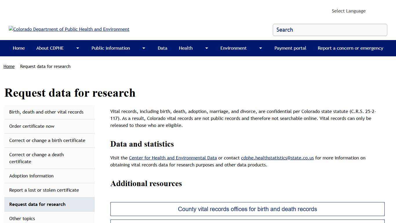 Request data for research Colorado Department of Public Health and Environment