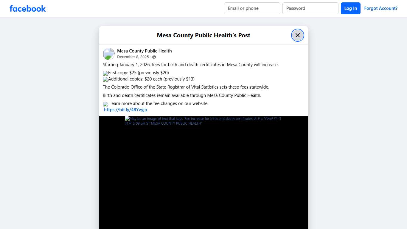 Starting January 1, 2026, fees... - Mesa County Public Health Facebook